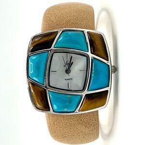 Unique Aria Leather Cuff Watch with Turquoise and Tiger Eye Gemstone Inlay
